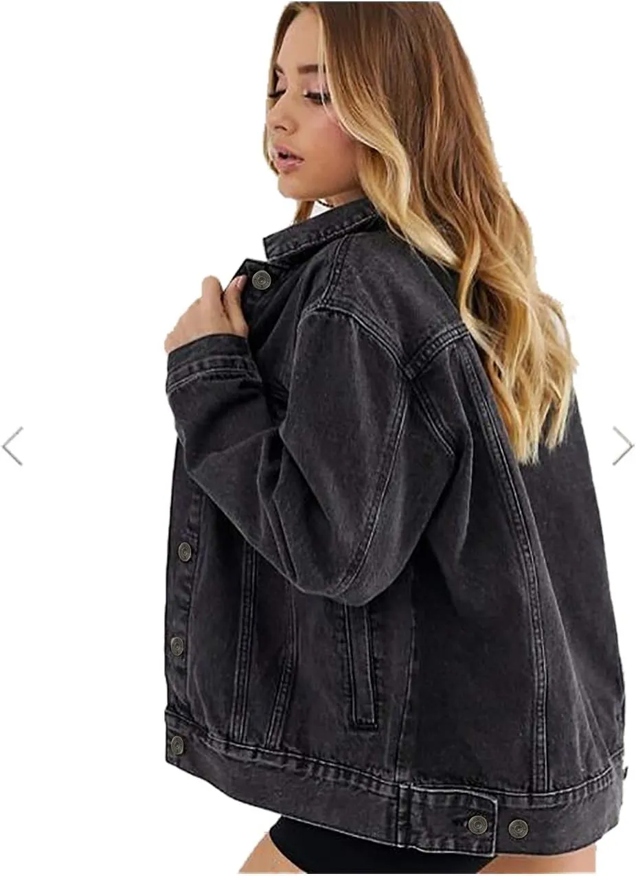 Cantonwalker Women's Oversize Vintage Washed Boyfriend Denim Jacket Long Sleeve Classic Loose Jean Trucker Jacket 003