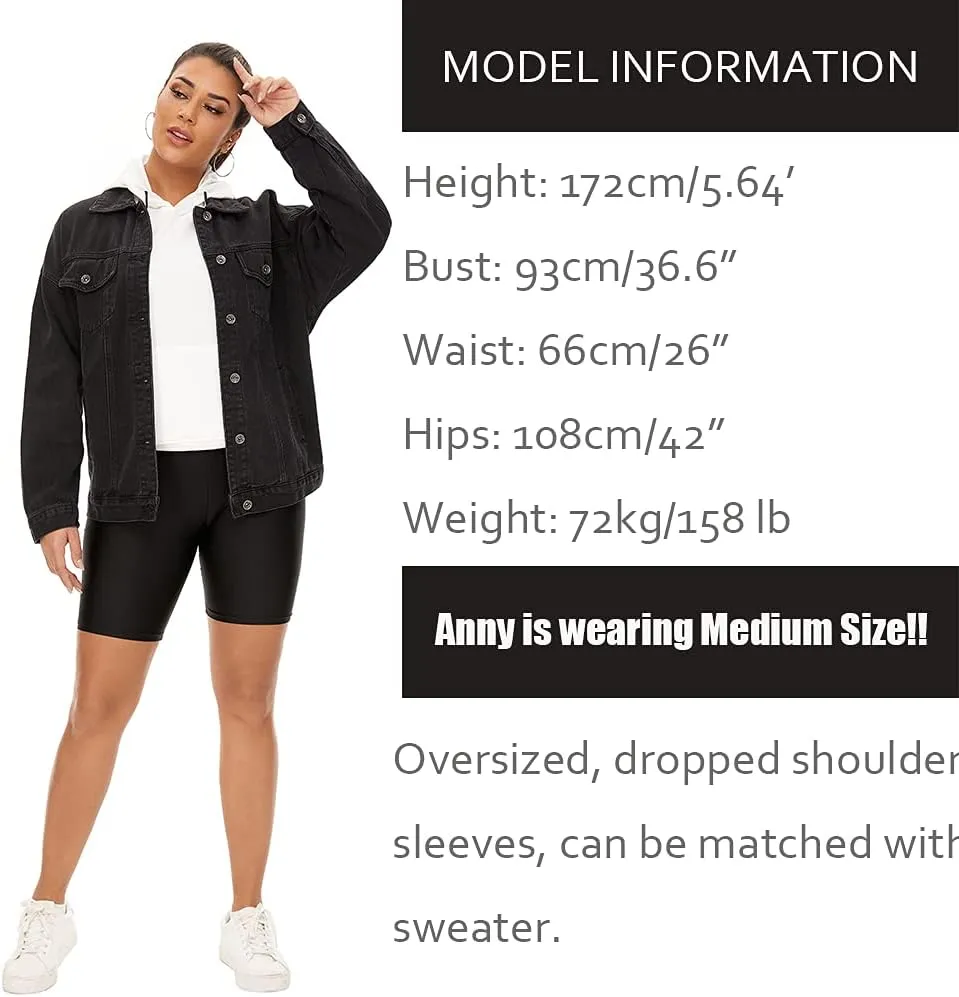 Cantonwalker Women's Oversize Vintage Washed Boyfriend Denim Jacket Long Sleeve Classic Loose Jean Trucker Jacket 003