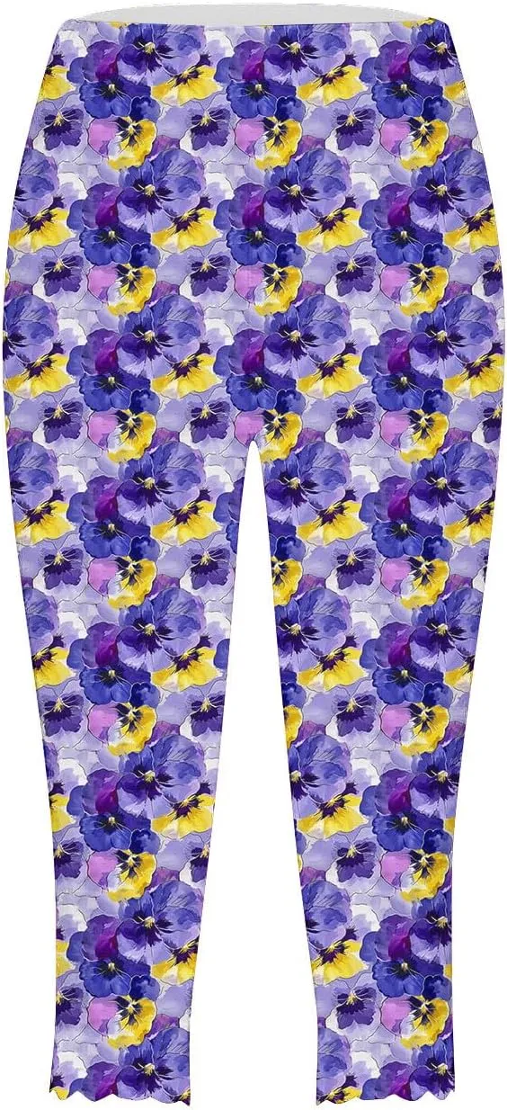 Capri Leggings for Women Plus Size Floral Print High Waist Capris Pants Wave Hem Yoga Gym Pants Casual Cropped Trouser
