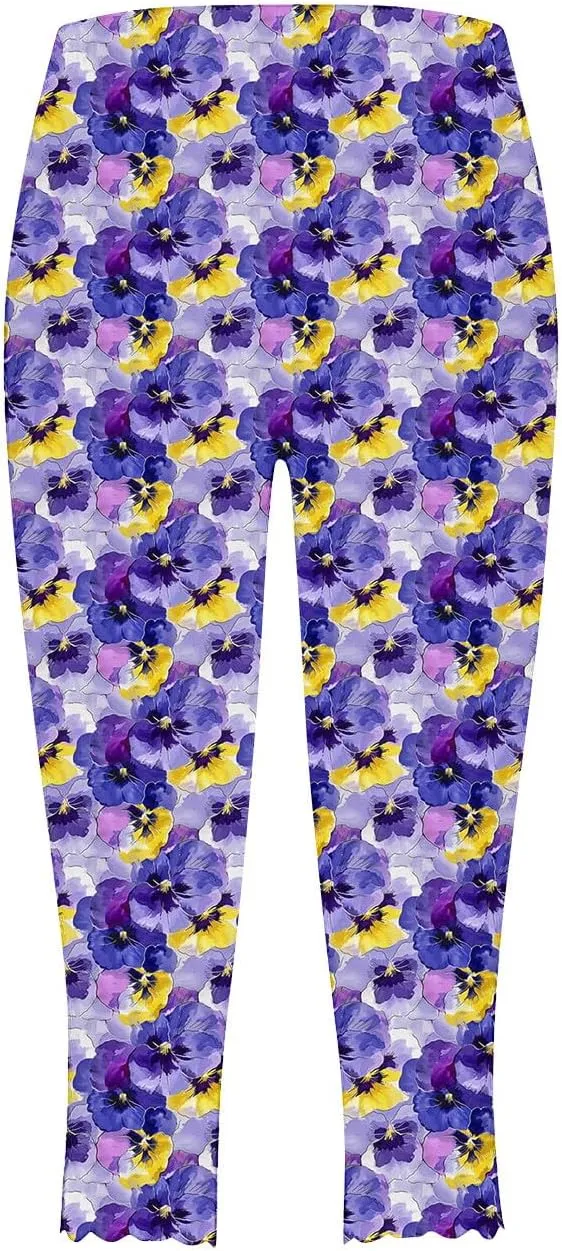 Capri Leggings for Women Plus Size Floral Print High Waist Capris Pants Wave Hem Yoga Gym Pants Casual Cropped Trouser