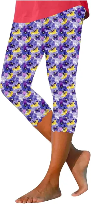 Capri Leggings for Women Plus Size Floral Print High Waist Capris Pants Wave Hem Yoga Gym Pants Casual Cropped Trouser