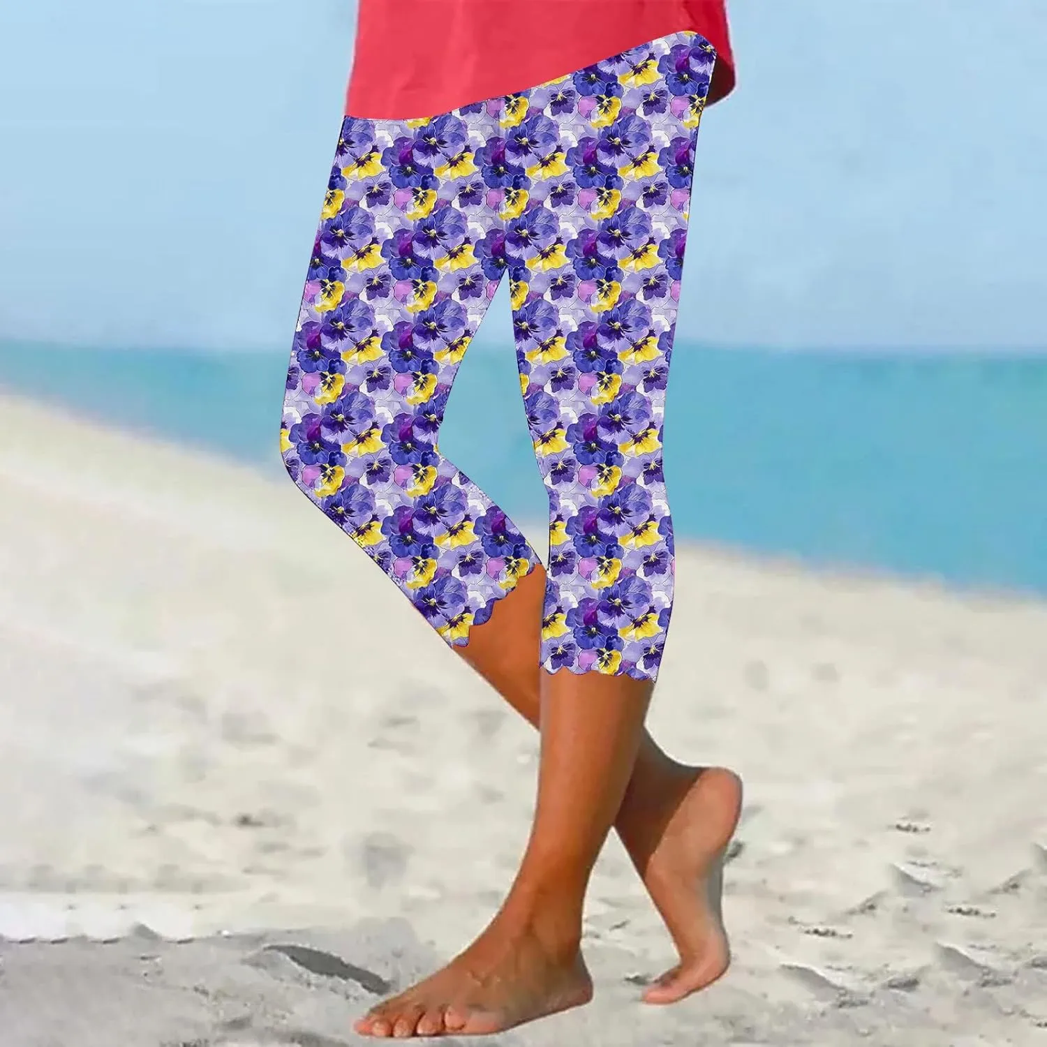 Capri Leggings for Women Plus Size Floral Print High Waist Capris Pants Wave Hem Yoga Gym Pants Casual Cropped Trouser