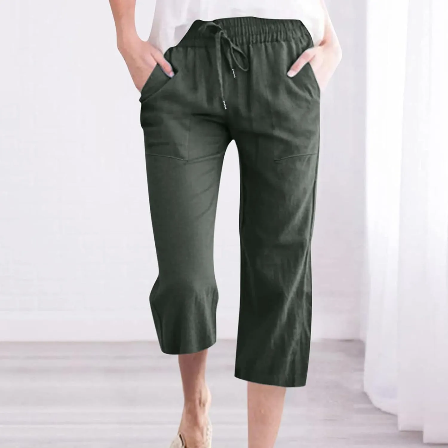 Capri Pant for Women 2024 Casual Trendy Summer Drawstring Elastic Waist Linen Pant Straight Wide Leg Cropped Trouser