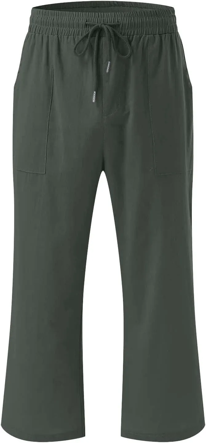 Capri Pant for Women 2024 Casual Trendy Summer Drawstring Elastic Waist Linen Pant Straight Wide Leg Cropped Trouser