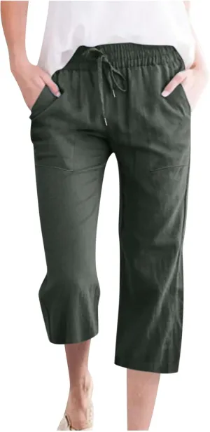 Capri Pant for Women 2024 Casual Trendy Summer Drawstring Elastic Waist Linen Pant Straight Wide Leg Cropped Trouser