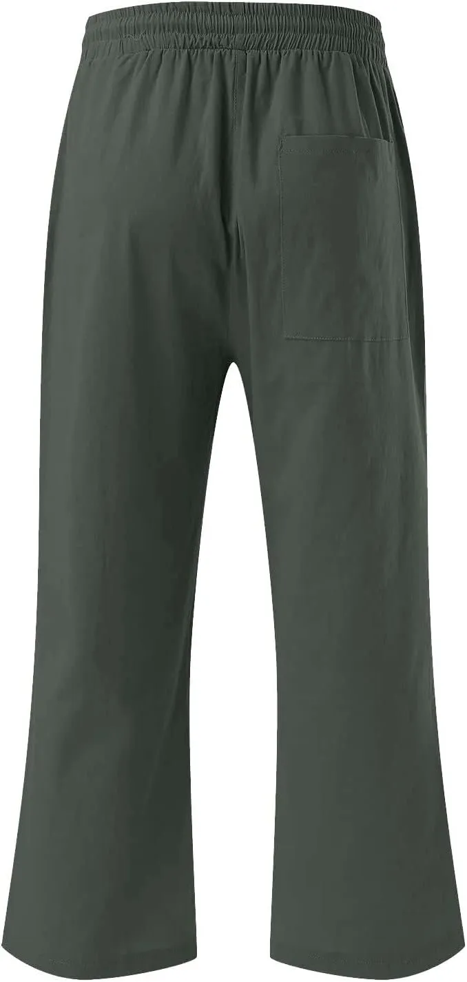 Capri Pant for Women 2024 Casual Trendy Summer Drawstring Elastic Waist Linen Pant Straight Wide Leg Cropped Trouser