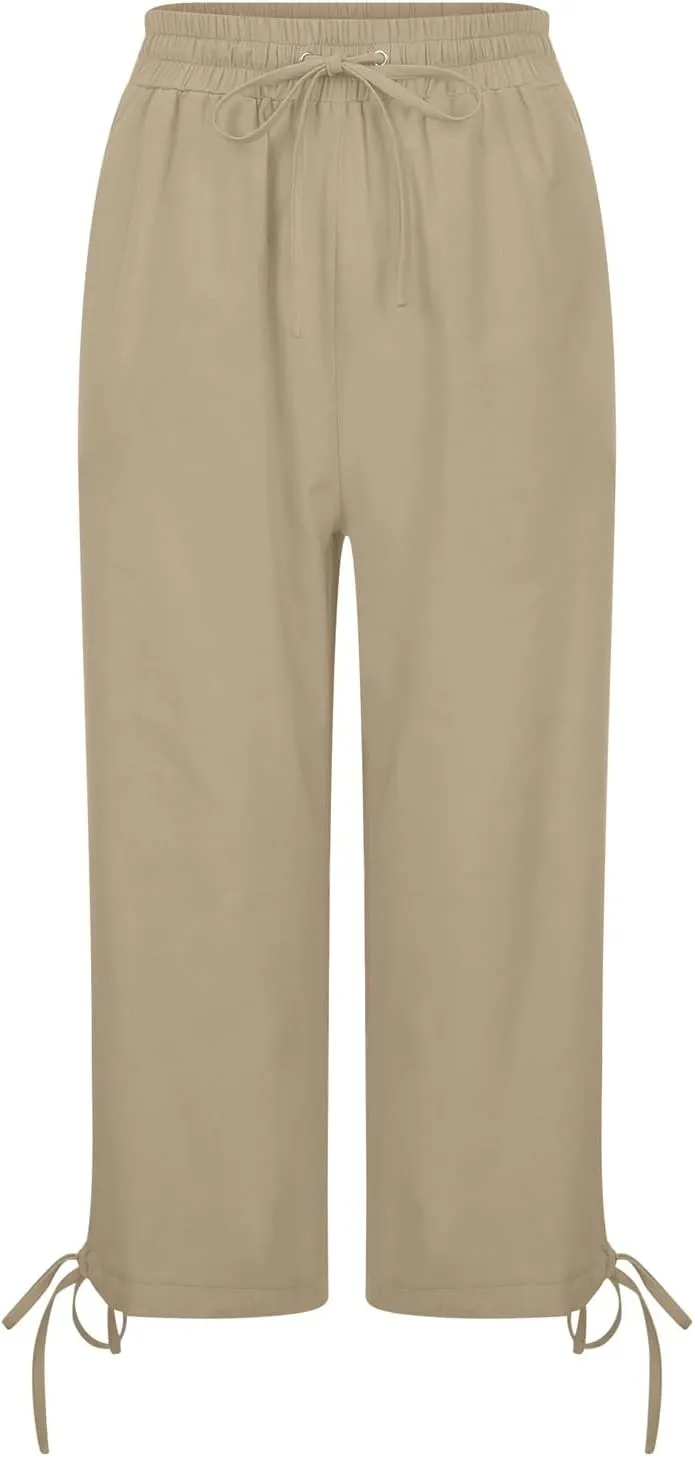 Capri Pants for Women 2025 Summer Drawstring High Waist Linen Pant Casual Straight Wide Leg Cropped Trouser Pockets