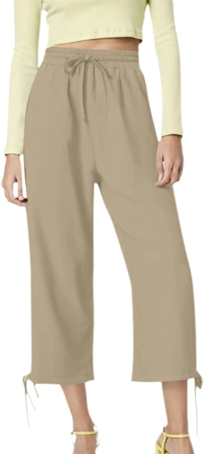 Capri Pants for Women 2025 Summer Drawstring High Waist Linen Pant Casual Straight Wide Leg Cropped Trouser Pockets