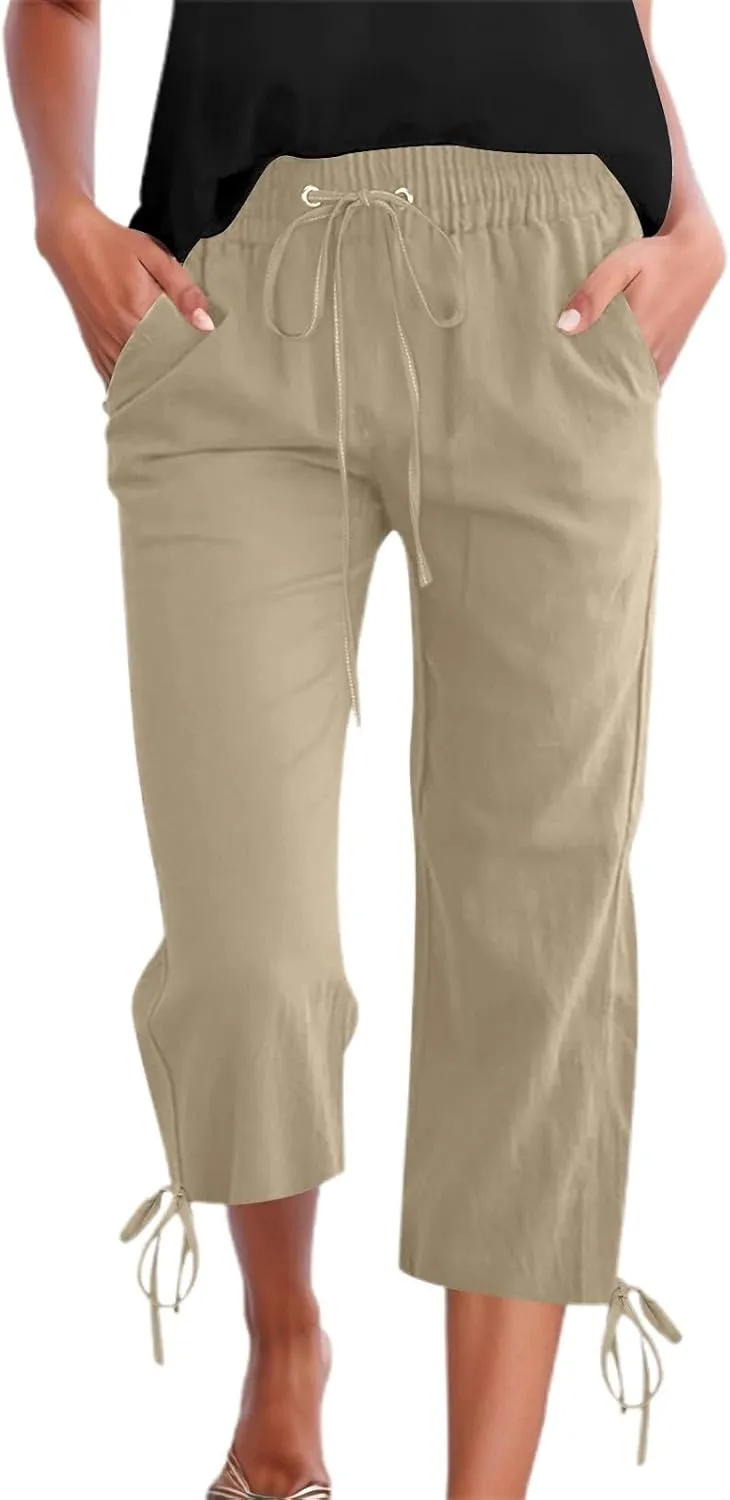 Capri Pants for Women 2025 Summer Drawstring High Waist Linen Pant Casual Straight Wide Leg Cropped Trouser Pockets