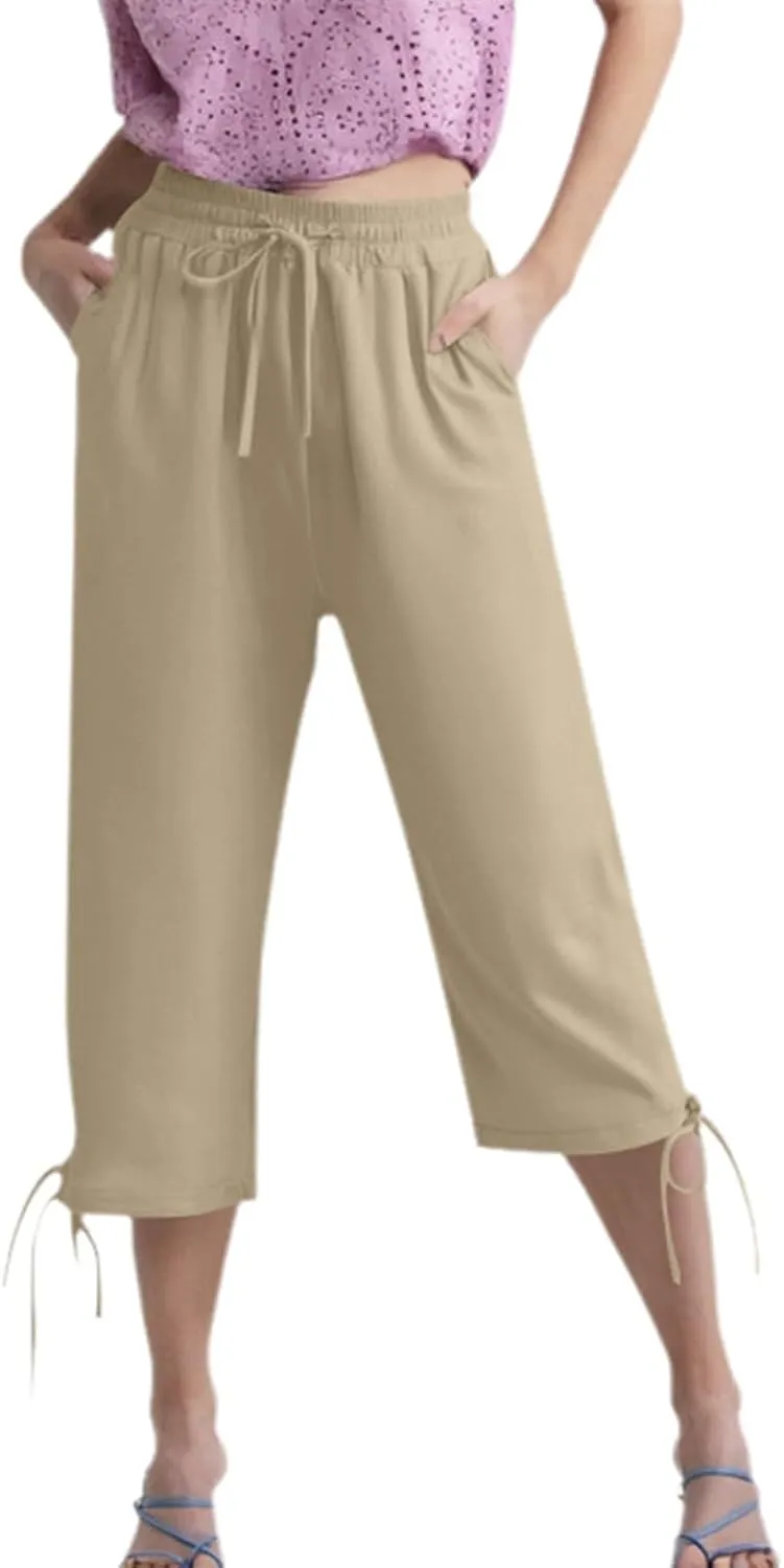 Capri Pants for Women 2025 Summer Drawstring High Waist Linen Pant Casual Straight Wide Leg Cropped Trouser Pockets
