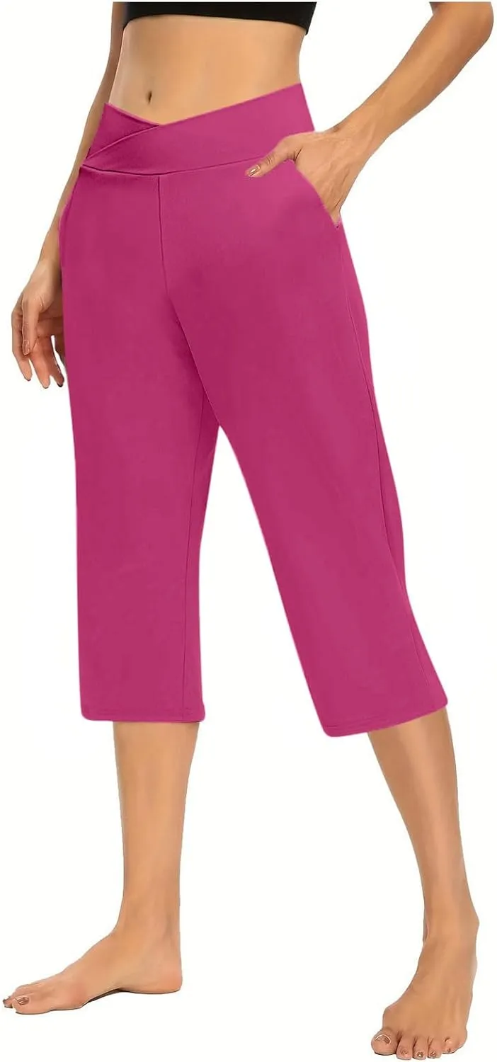 Capri Pants for Women Casual 2025 Summer Cross High Waist Yoga Cropped Pants Workout Wide Leg Plus Size Lounge Capris