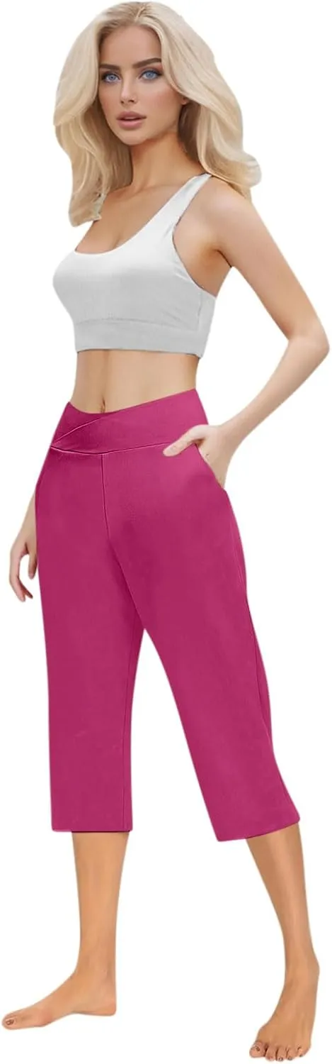 Capri Pants for Women Casual 2025 Summer Cross High Waist Yoga Cropped Pants Workout Wide Leg Plus Size Lounge Capris