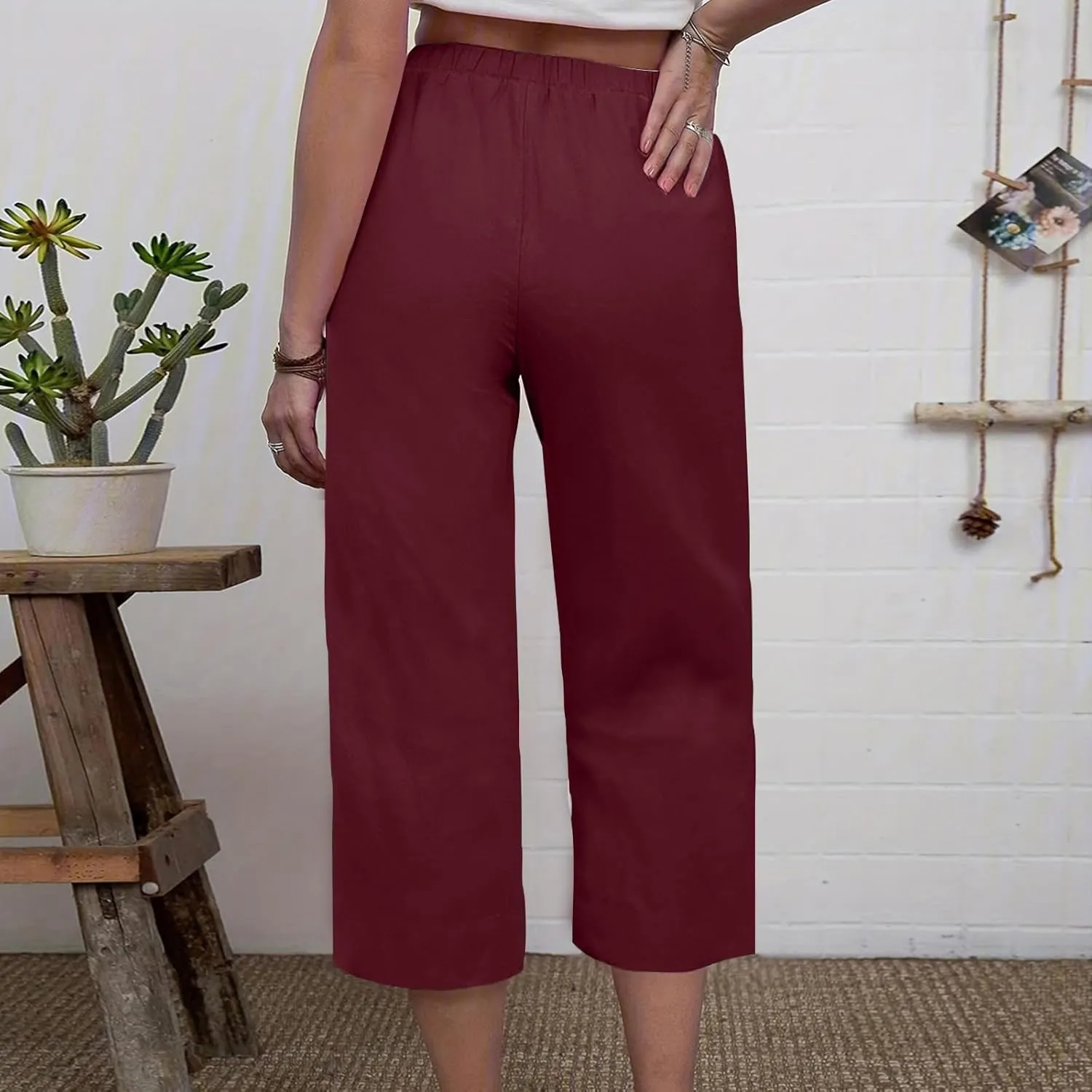 Capri Pants for Women Casual Elastic High Waist Beach Cropped Pants Loose Trousers Summer Outfits for Women