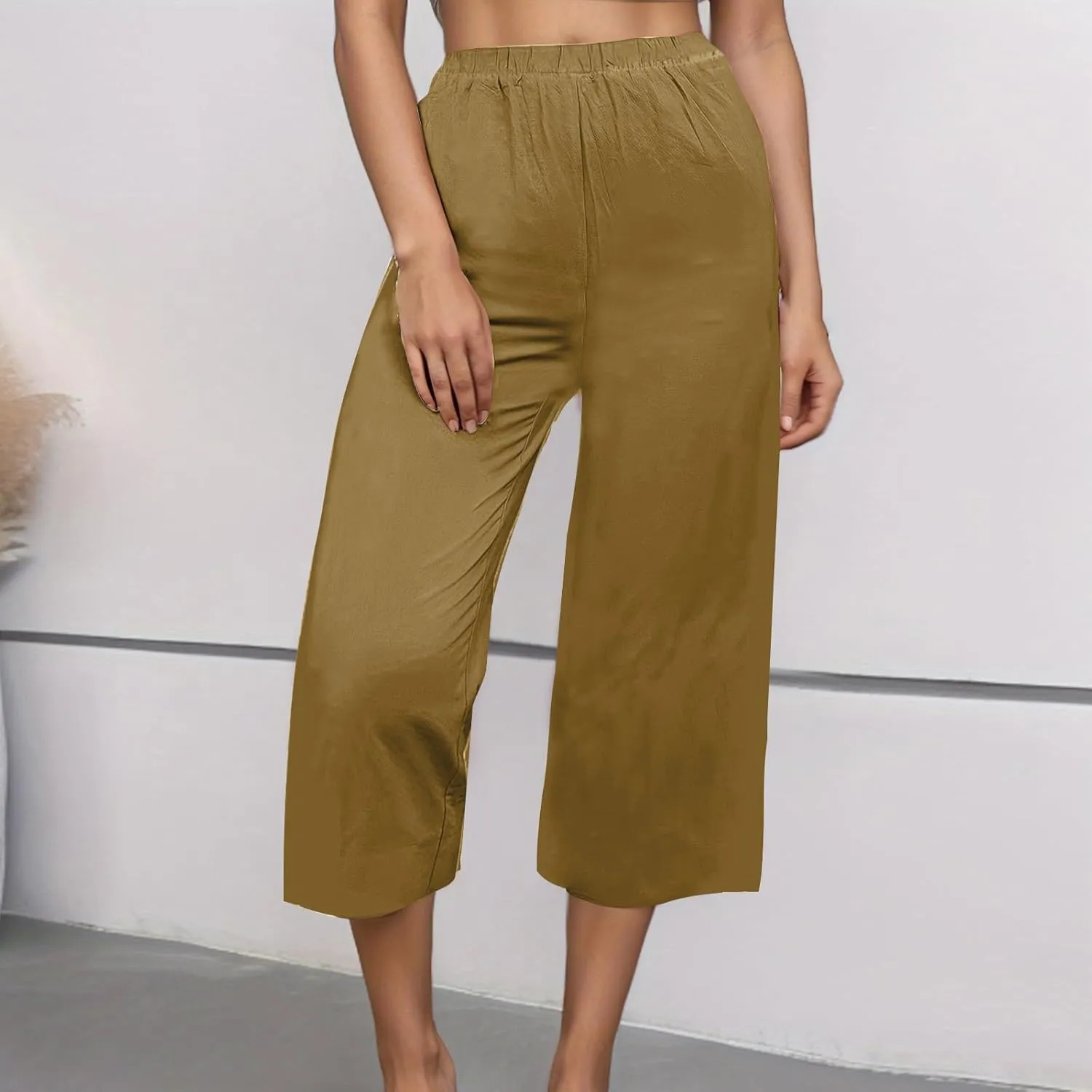 Capri Pants for Women Casual Elastic High Waist Beach Cropped Pants Loose Trousers Summer Outfits for Women