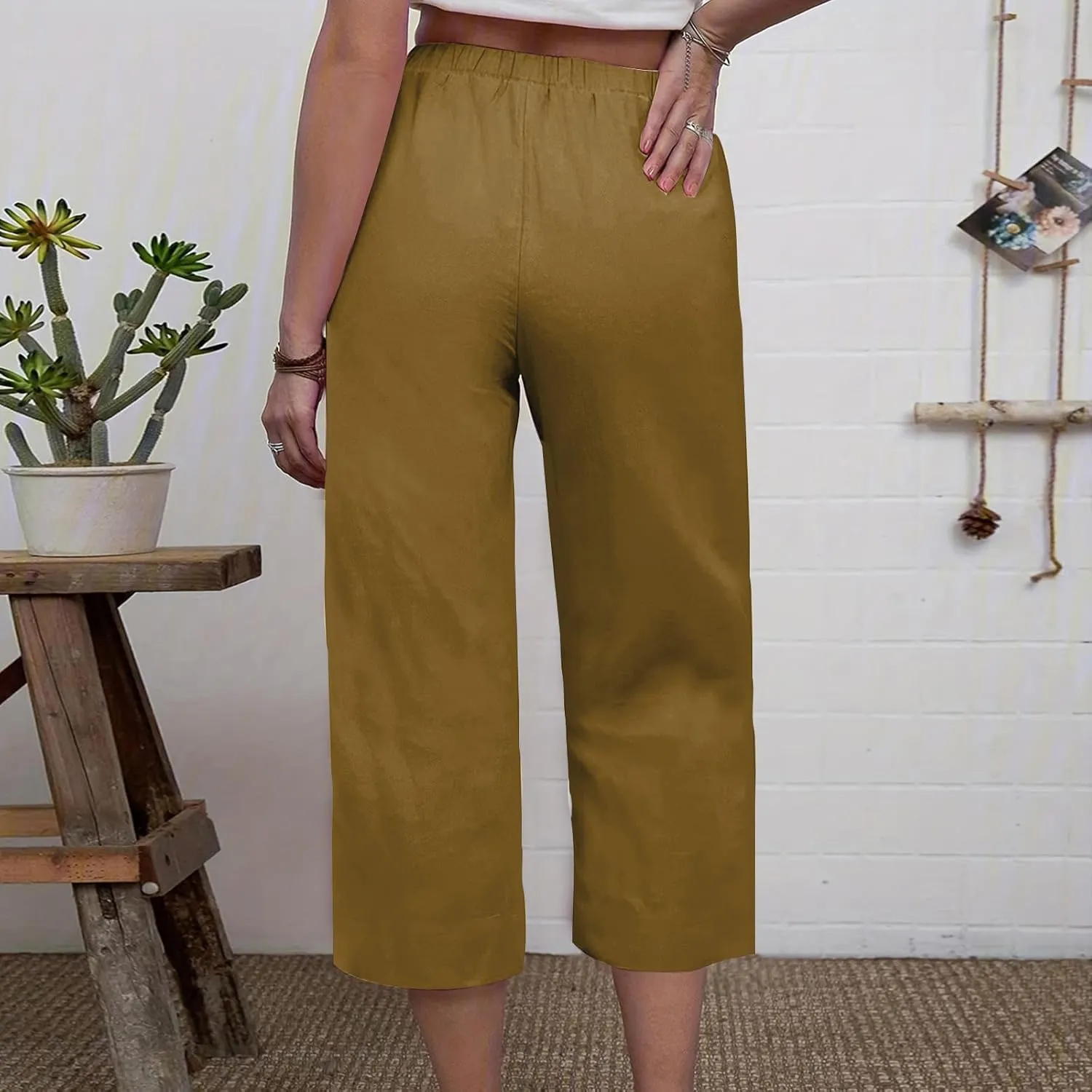 Capri Pants for Women Casual Elastic High Waist Beach Cropped Pants Loose Trousers Summer Outfits for Women