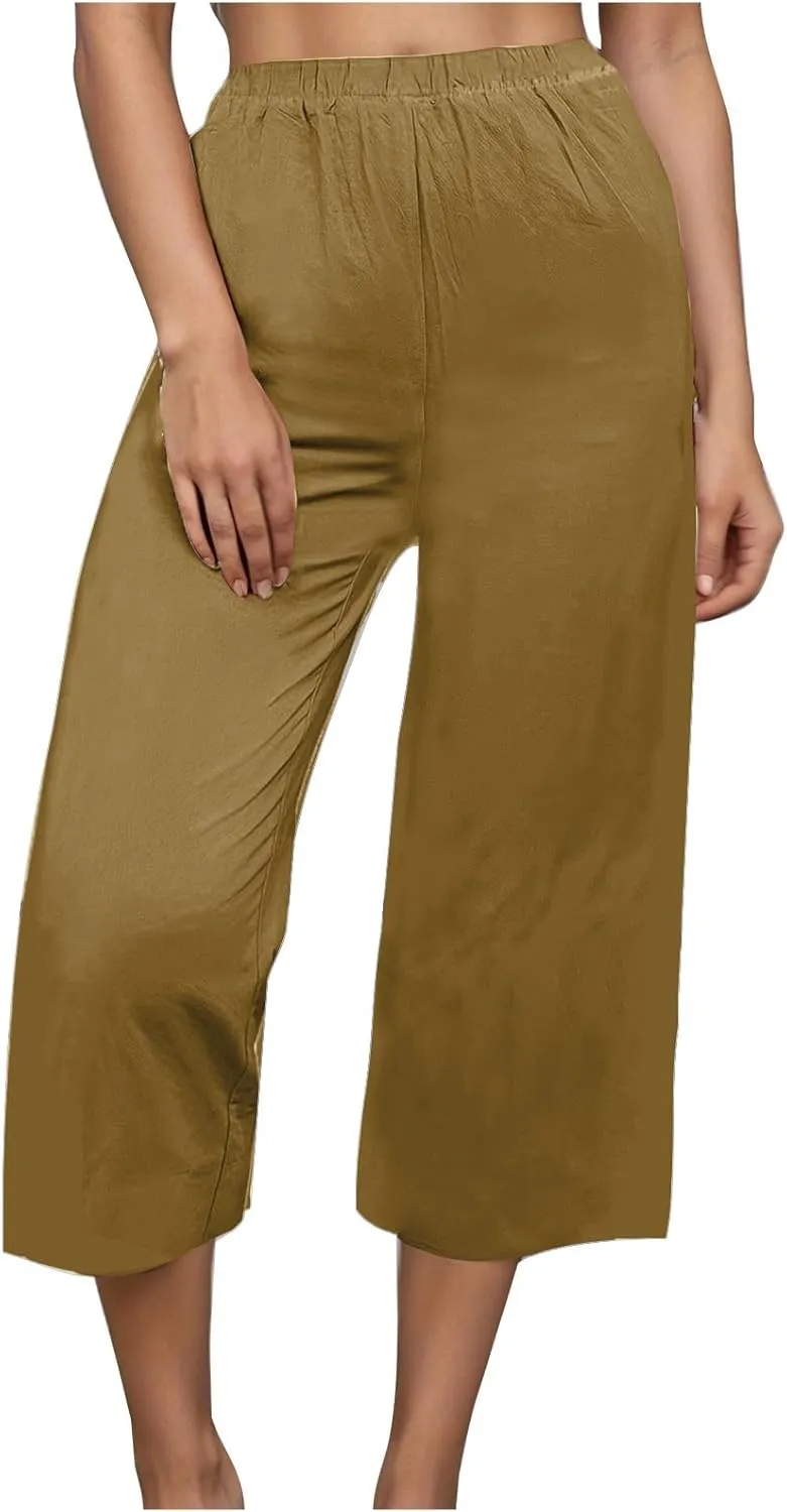 Capri Pants for Women Casual Elastic High Waist Beach Cropped Pants Loose Trousers Summer Outfits for Women