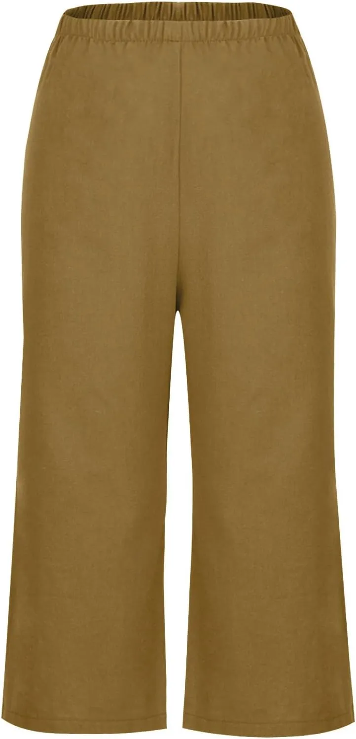 Capri Pants for Women Casual Elastic High Waist Beach Cropped Pants Loose Trousers Summer Outfits for Women