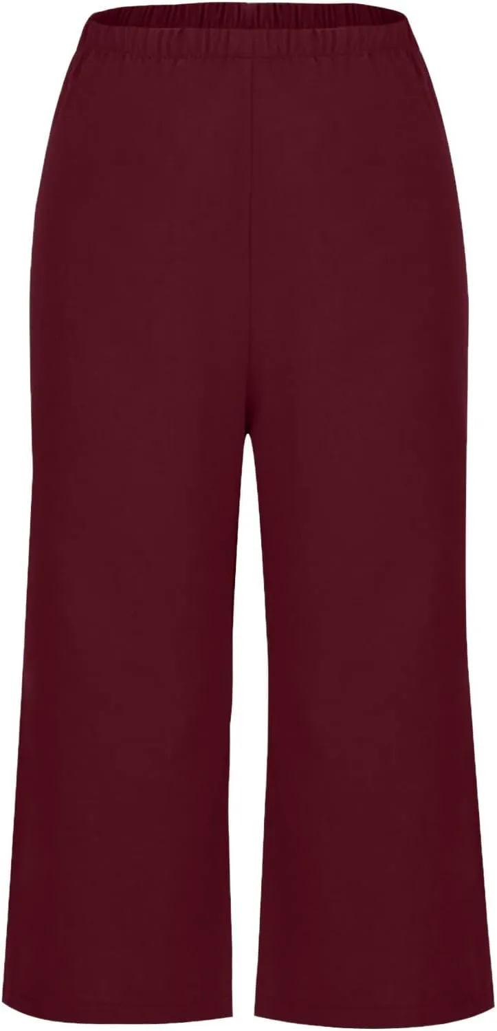 Capri Pants for Women Casual Elastic High Waist Beach Cropped Pants Loose Trousers Summer Outfits for Women