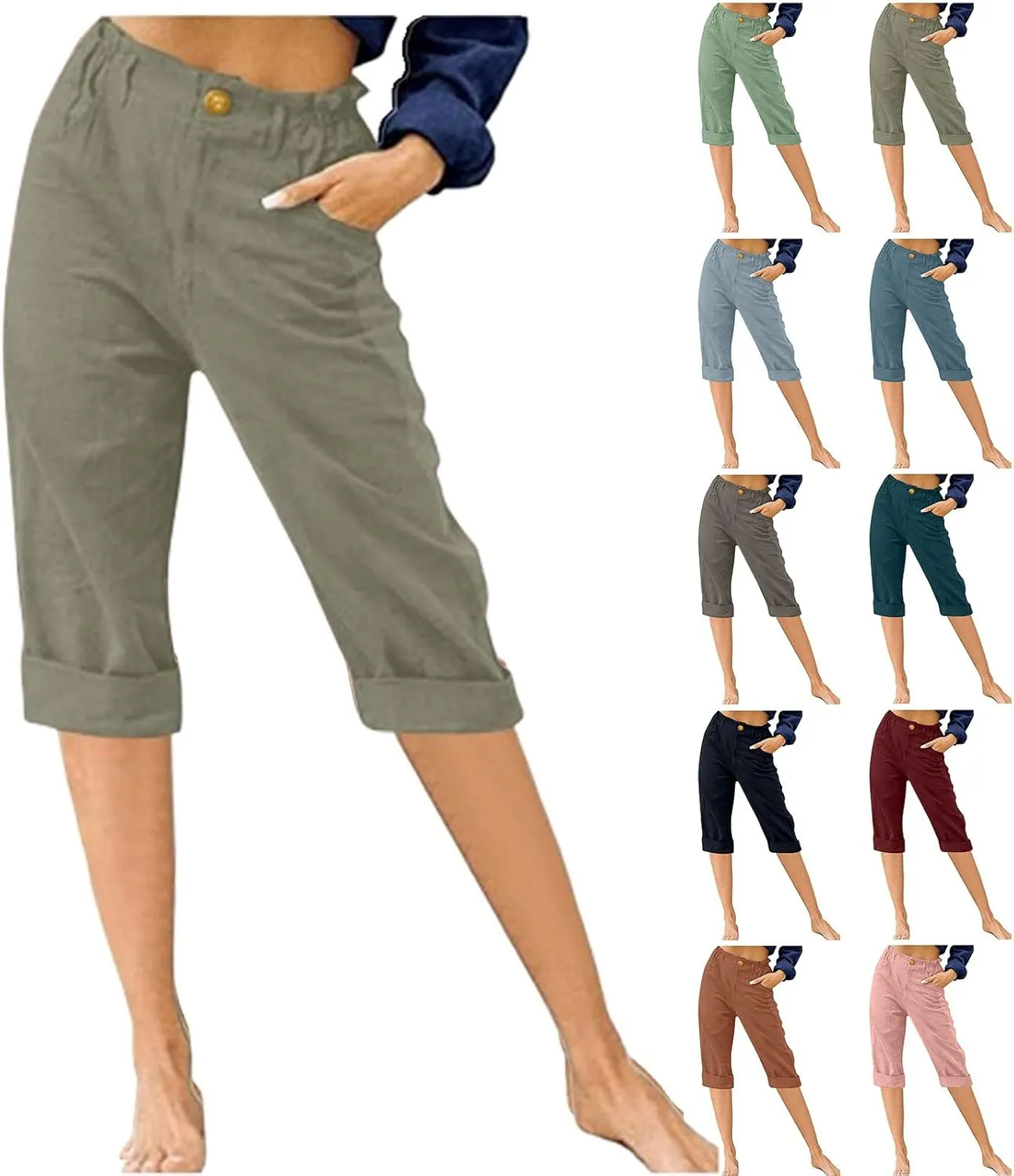 Capri Pants for Women Summer Trendy Elastic Waist Cropped Trousers Straight Leg Resort Wear Beach Vacation Outfit