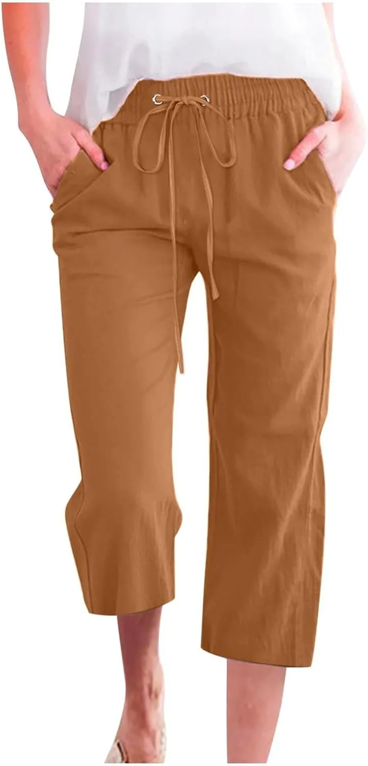 Capris Pants for Women Cotton Linen Casual Summer 2025 Straight Leg Loose Drawstring Elastic Waist Cropped Trouser