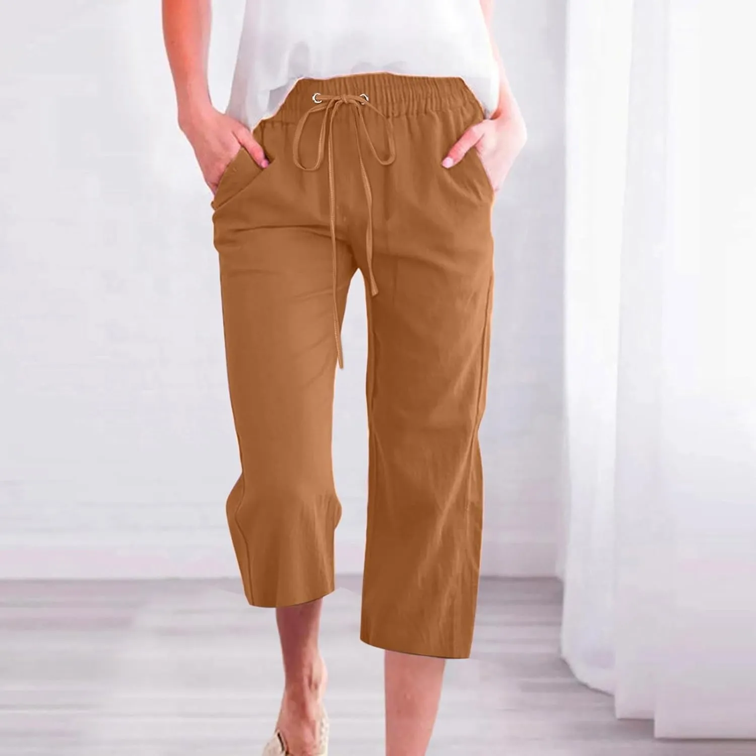 Capris Pants for Women Cotton Linen Casual Summer 2025 Straight Leg Loose Drawstring Elastic Waist Cropped Trouser