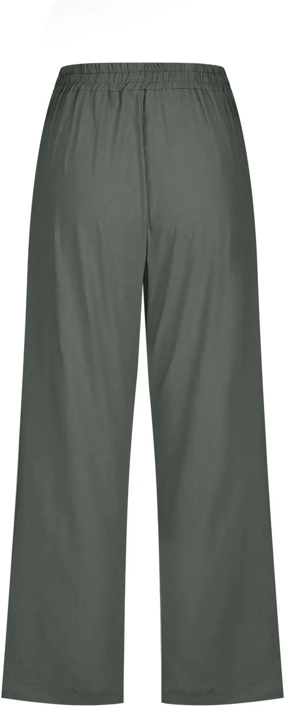Capris Pants for Women Cotton Linen Loose Straight Wide Leg Drawstring Cropped Trousers Casual Summer Clothing 2025