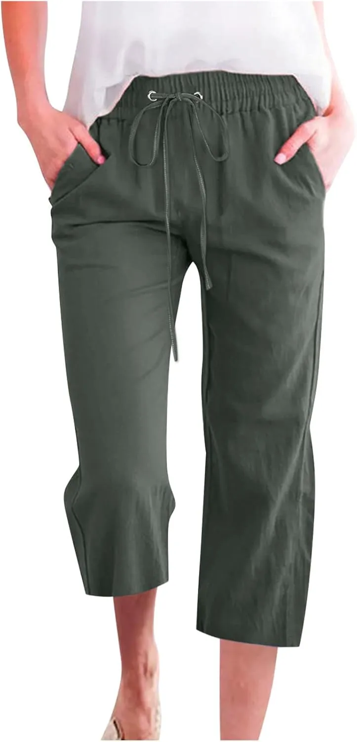 Capris Pants for Women Cotton Linen Loose Straight Wide Leg Drawstring Cropped Trousers Casual Summer Clothing 2025
