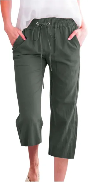 Capris Pants for Women Cotton Linen Loose Straight Wide Leg Drawstring Cropped Trousers Casual Summer Clothing 2025