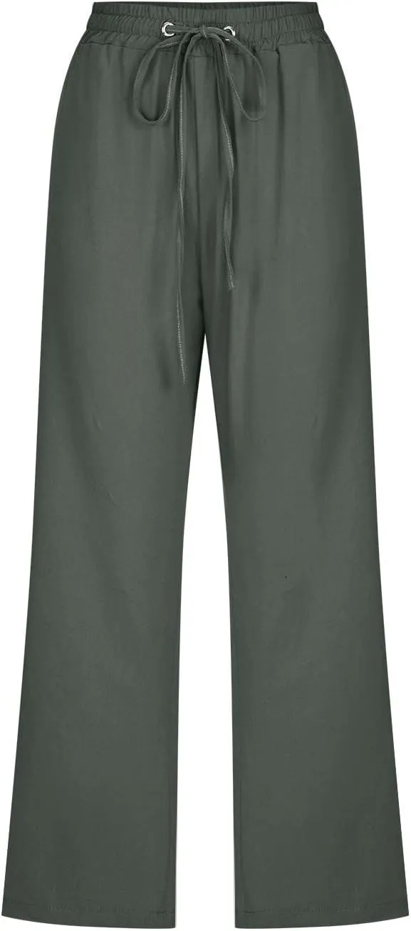 Capris Pants for Women Cotton Linen Loose Straight Wide Leg Drawstring Cropped Trousers Casual Summer Clothing 2025