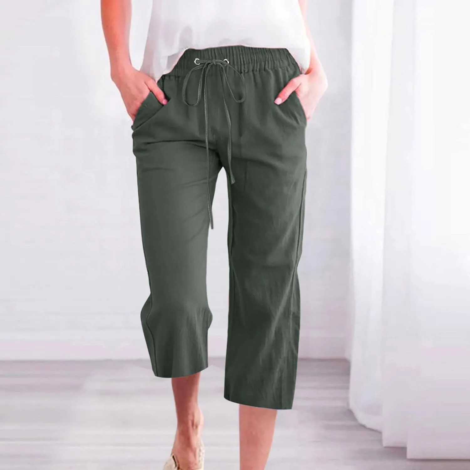 Capris Pants for Women Cotton Linen Loose Straight Wide Leg Drawstring Cropped Trousers Casual Summer Clothing 2025