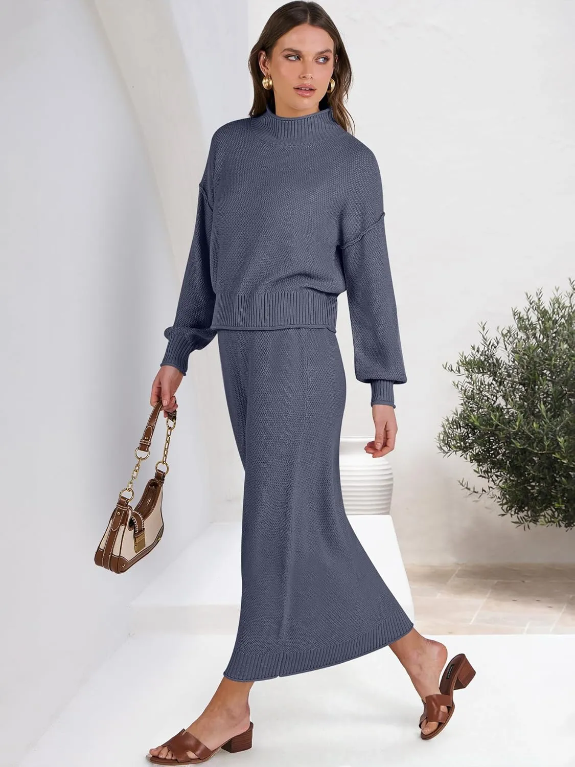 Caracilia Women's 2 Piece Outfits Sweater Skirt Sets Long Sleeve Oversized Tops Matching Maxi Skirts 2024 Knit Fall Dress