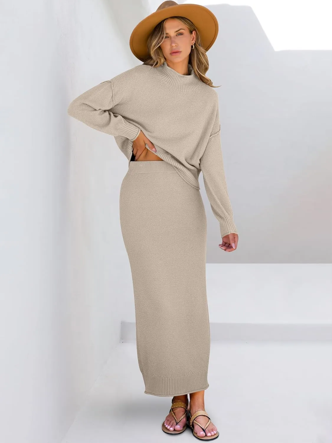 Caracilia Women's 2 Piece Outfits Sweater Skirt Sets Long Sleeve Oversized Tops Matching Maxi Skirts 2024 Knit Fall Dress