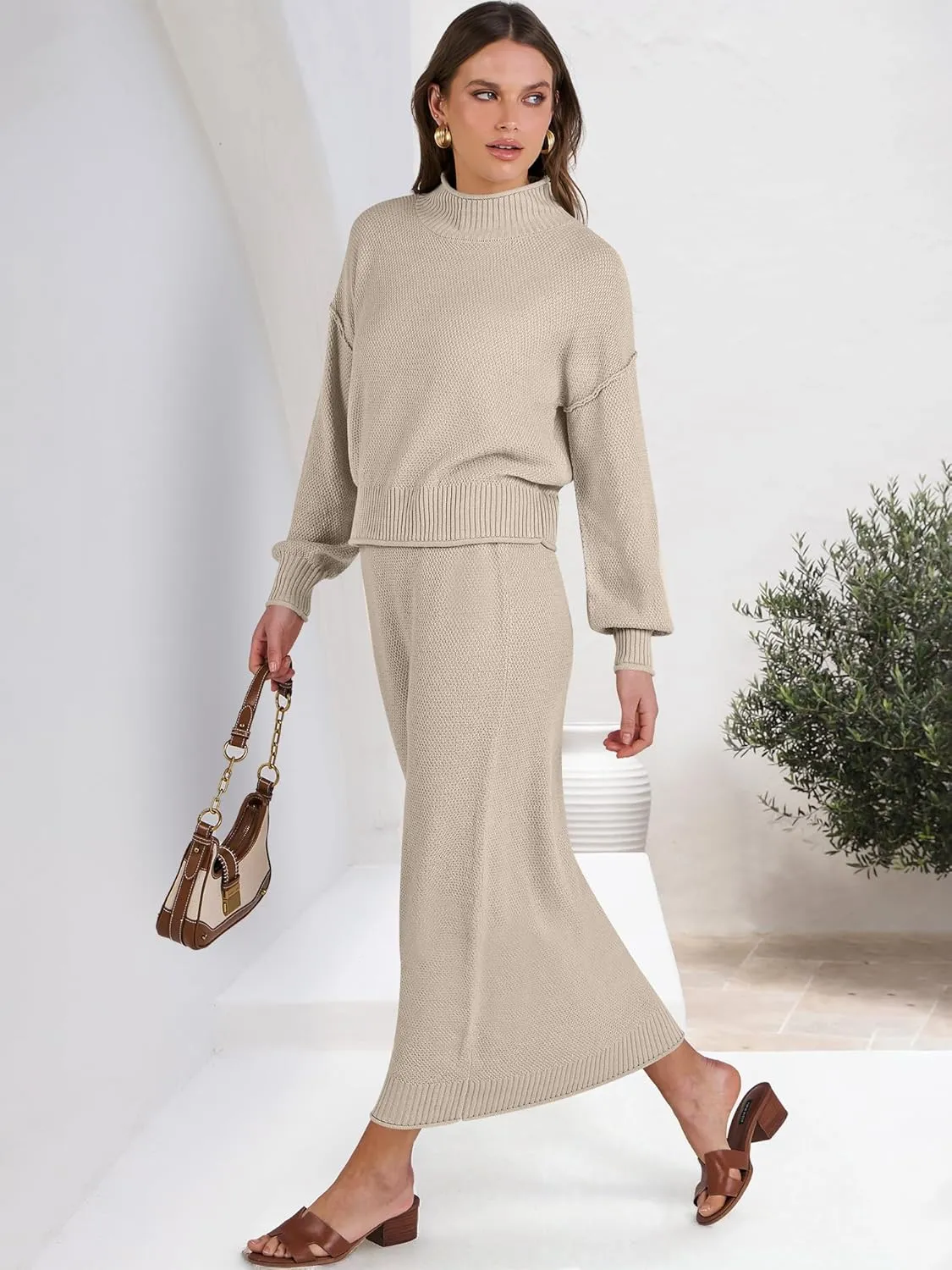 Caracilia Women's 2 Piece Outfits Sweater Skirt Sets Long Sleeve Oversized Tops Matching Maxi Skirts 2024 Knit Fall Dress