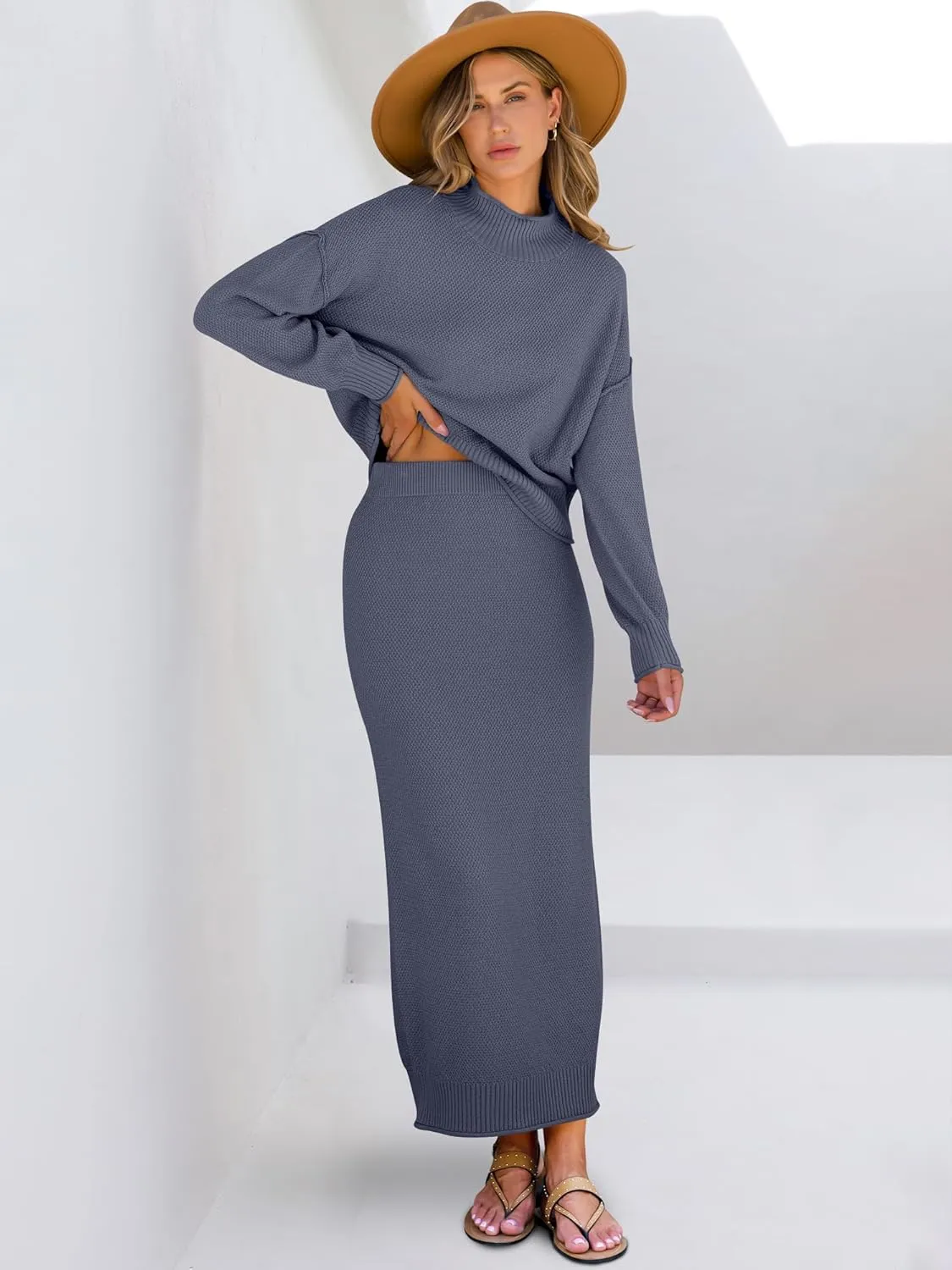 Caracilia Women's 2 Piece Outfits Sweater Skirt Sets Long Sleeve Oversized Tops Matching Maxi Skirts 2024 Knit Fall Dress