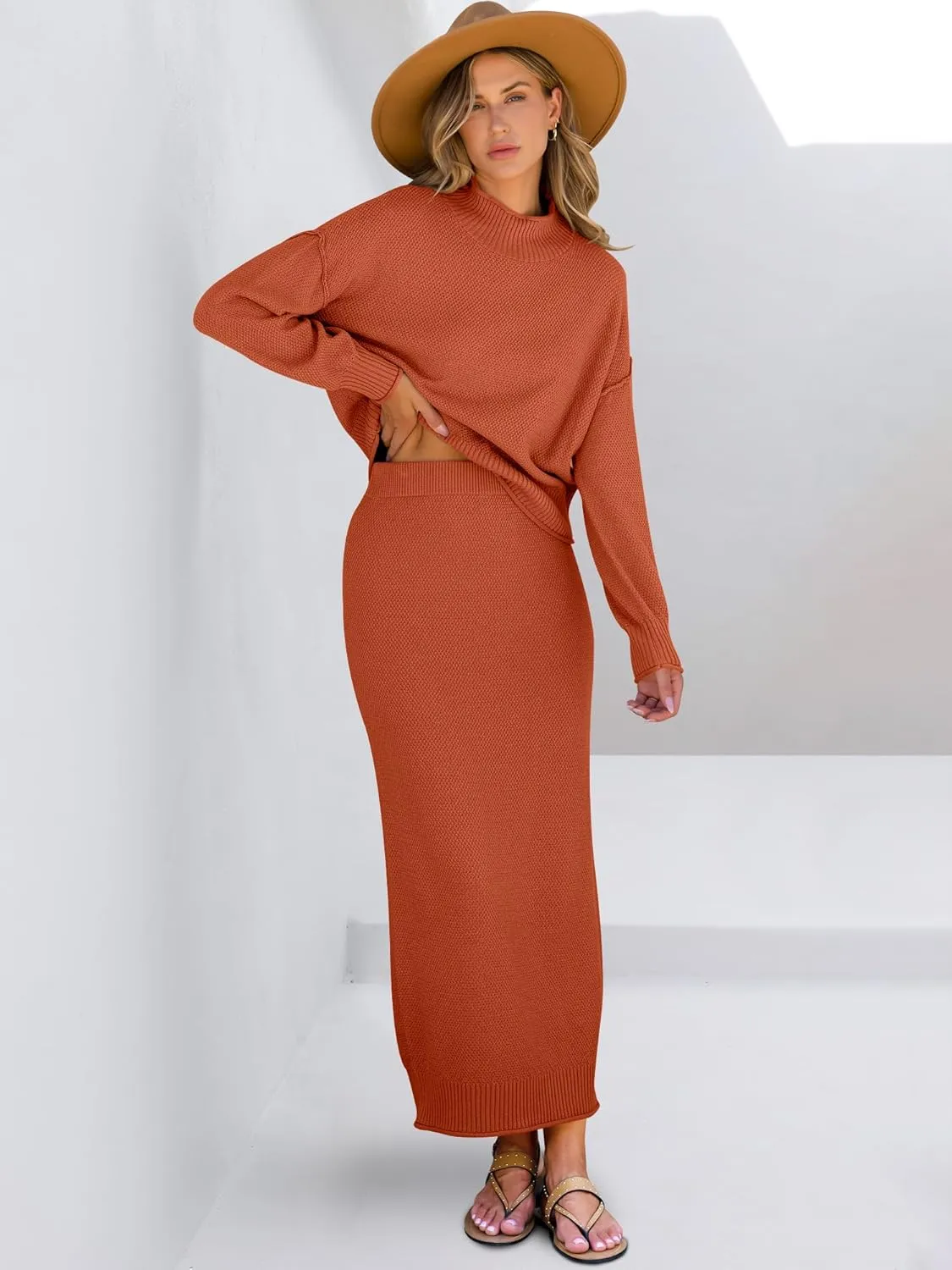 Caracilia Women's 2 Piece Outfits Sweater Skirt Sets Long Sleeve Oversized Tops Matching Maxi Skirts 2024 Knit Fall Dress