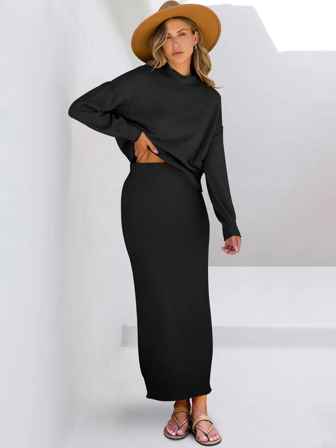 Caracilia Women's 2 Piece Outfits Sweater Skirt Sets Long Sleeve Oversized Tops Matching Maxi Skirts 2024 Knit Fall Dress