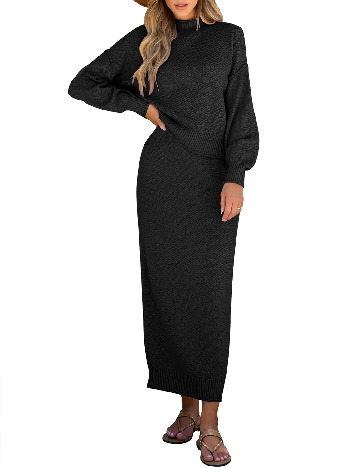 Caracilia Women's 2 Piece Outfits Sweater Skirt Sets Long Sleeve Oversized Tops Matching Maxi Skirts 2024 Knit Fall Dress