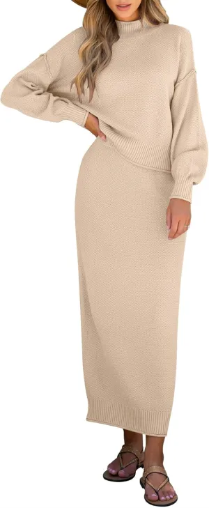 Caracilia Women's 2 Piece Outfits Sweater Skirt Sets Long Sleeve Oversized Tops Matching Maxi Skirts 2024 Knit Fall Dress