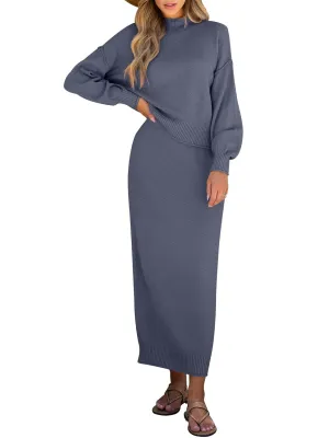 Caracilia Women's 2 Piece Outfits Sweater Skirt Sets Long Sleeve Oversized Tops Matching Maxi Skirts 2024 Knit Fall Dress