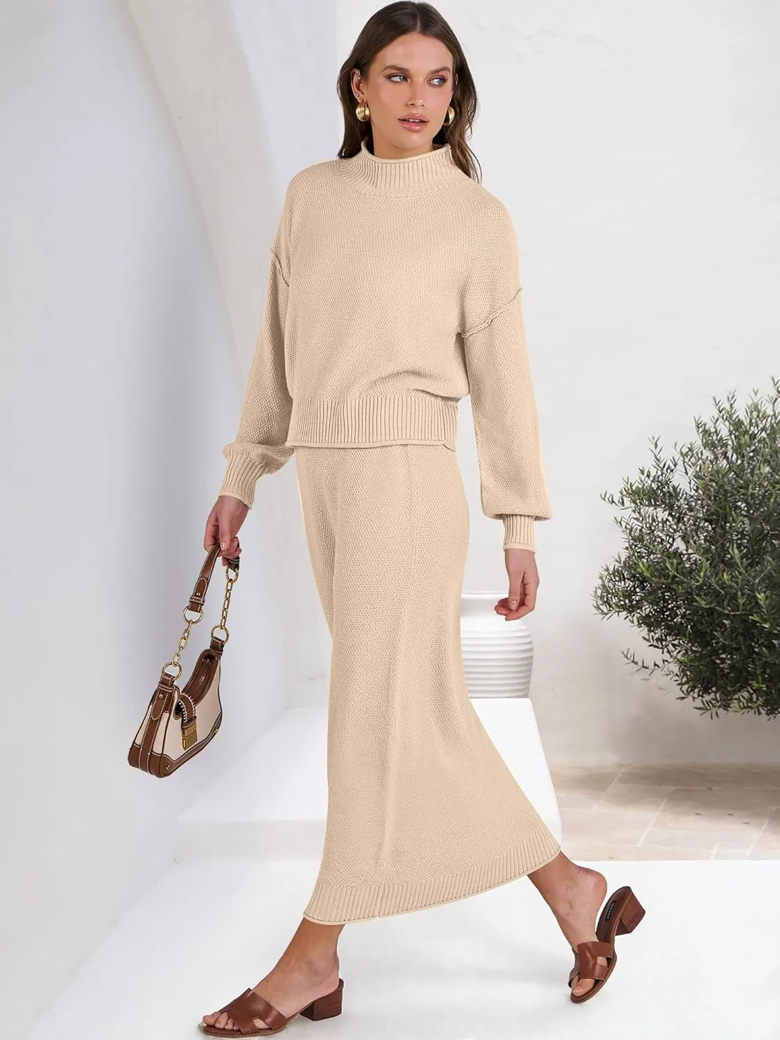 Caracilia Women's 2 Piece Outfits Sweater Skirt Sets Long Sleeve Oversized Tops Matching Maxi Skirts 2024 Knit Fall Dress
