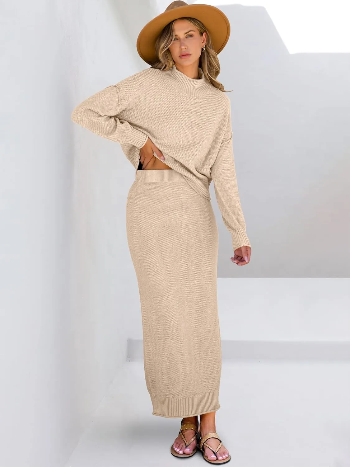 Caracilia Women's 2 Piece Outfits Sweater Skirt Sets Long Sleeve Oversized Tops Matching Maxi Skirts 2024 Knit Fall Dress