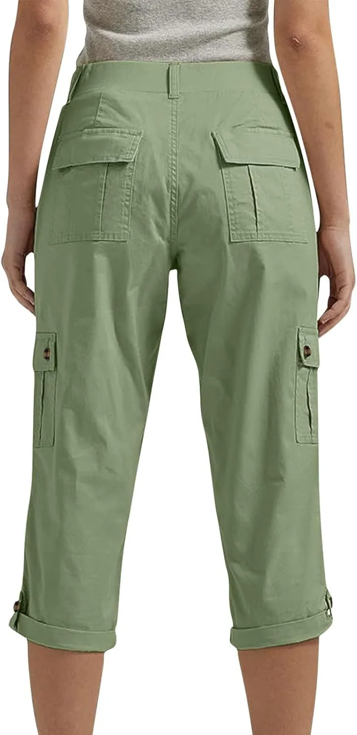 Cargo Capri Pants Women High Waisted Elastic Capris Trousers Cropped Pants with Pockets Casual Work Clothes