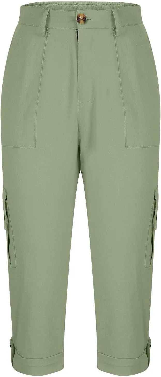 Cargo Capri Pants Women High Waisted Elastic Capris Trousers Cropped Pants with Pockets Casual Work Clothes