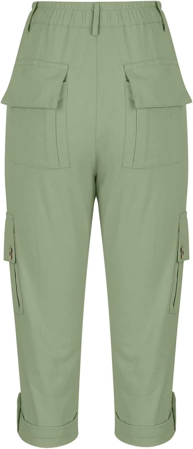 Cargo Capri Pants Women High Waisted Elastic Capris Trousers Cropped Pants with Pockets Casual Work Clothes