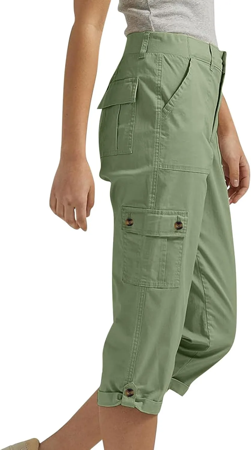 Cargo Capri Pants Women High Waisted Elastic Capris Trousers Cropped Pants with Pockets Casual Work Clothes