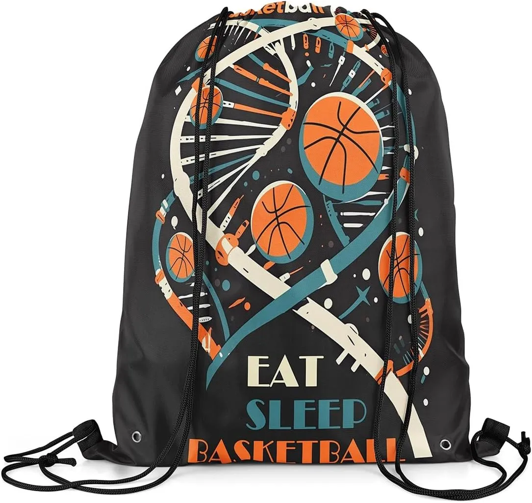 Cartoon Basketball Drawstring Backpack 13"x16" Watercolor Geometric Simple Spiral String Bag Sports Sackpack Sports Theme Modern Drawstring Bag for Adults Men Women