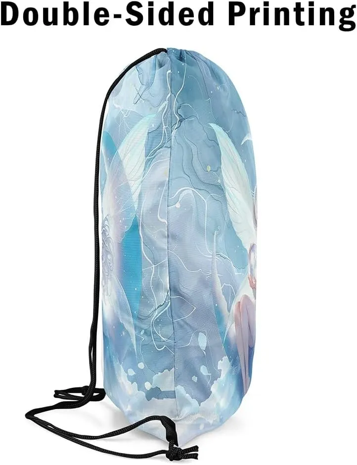 Cartoon Fairy Drawstring Backpack,Dreamy Moon Wings Waterproof Sports Gym Bag,Modern Marble Large Capacity for Travelling,Swimming,Beach