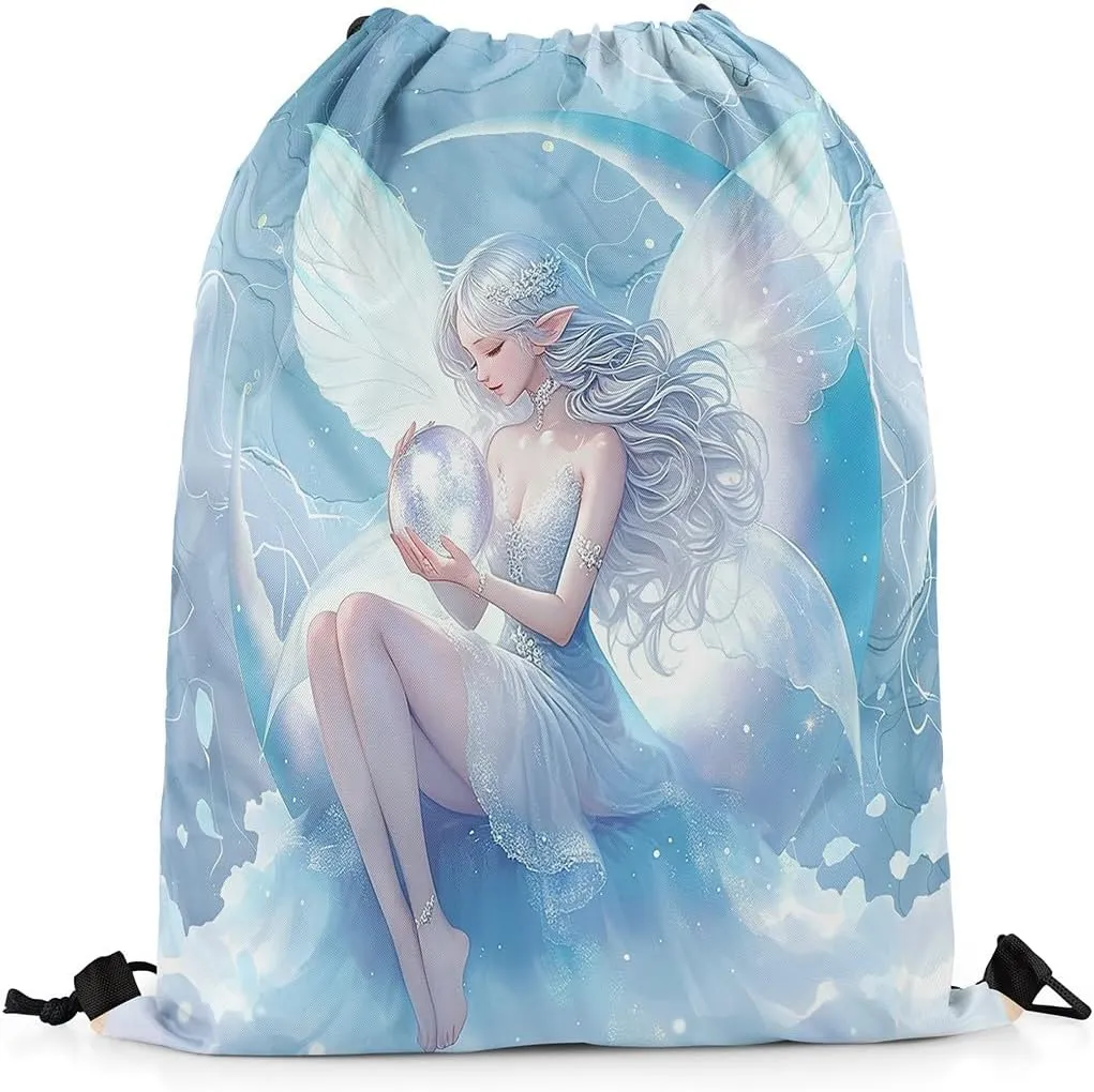 Cartoon Fairy Drawstring Backpack,Dreamy Moon Wings Waterproof Sports Gym Bag,Modern Marble Large Capacity for Travelling,Swimming,Beach