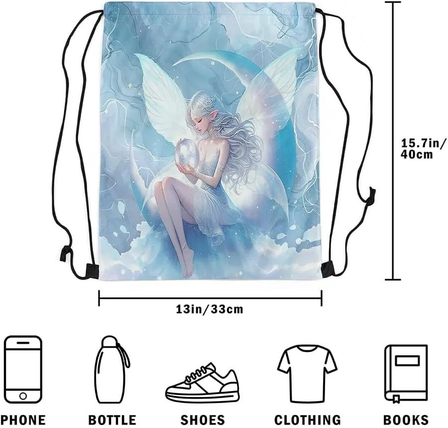 Cartoon Fairy Drawstring Backpack,Dreamy Moon Wings Waterproof Sports Gym Bag,Modern Marble Large Capacity for Travelling,Swimming,Beach