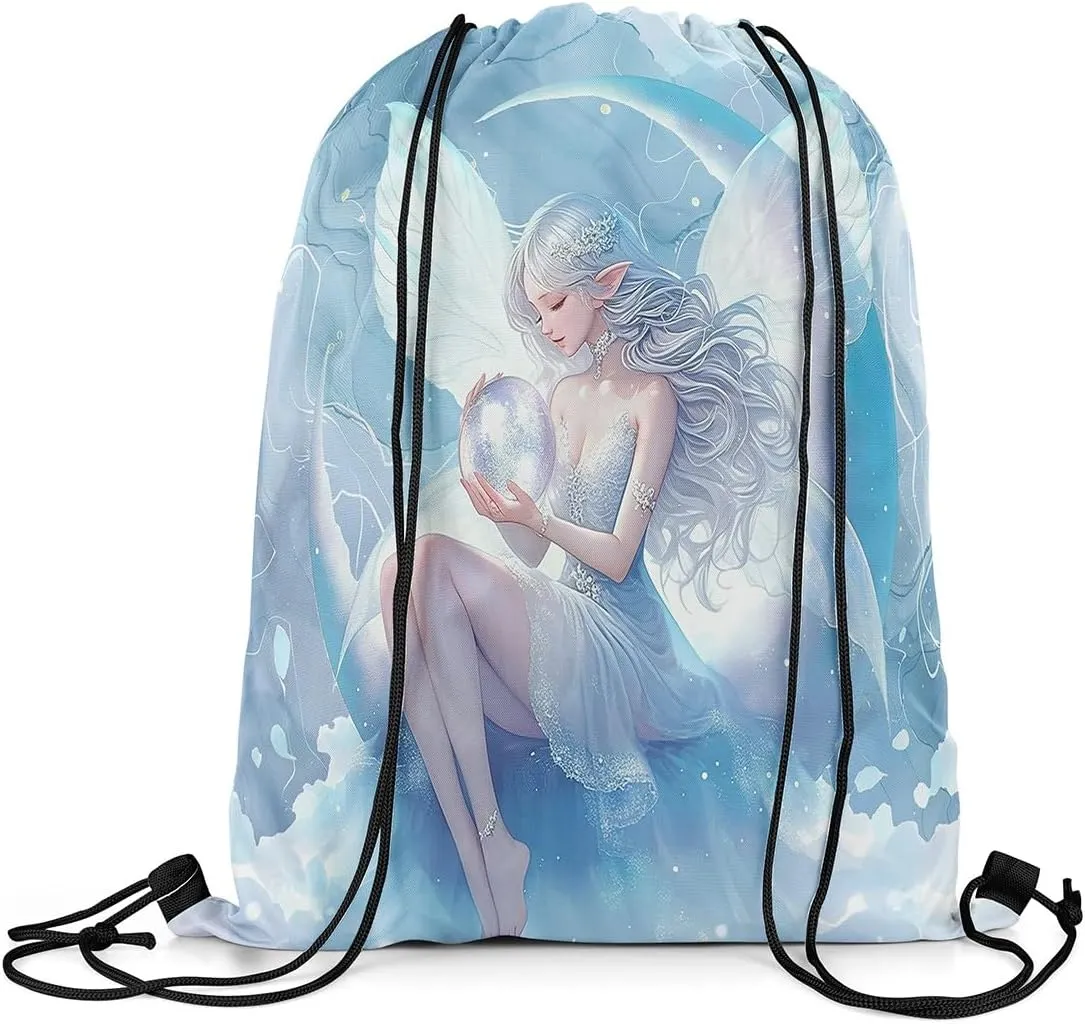 Cartoon Fairy Drawstring Backpack,Dreamy Moon Wings Waterproof Sports Gym Bag,Modern Marble Large Capacity for Travelling,Swimming,Beach